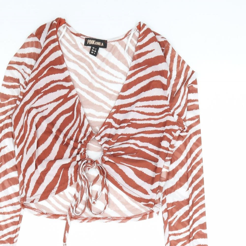 Pink Vanilla Womens Brown Animal Print Polyester Cropped T-Shirt Size 8 V-Neck - Tiger Print Cut Out