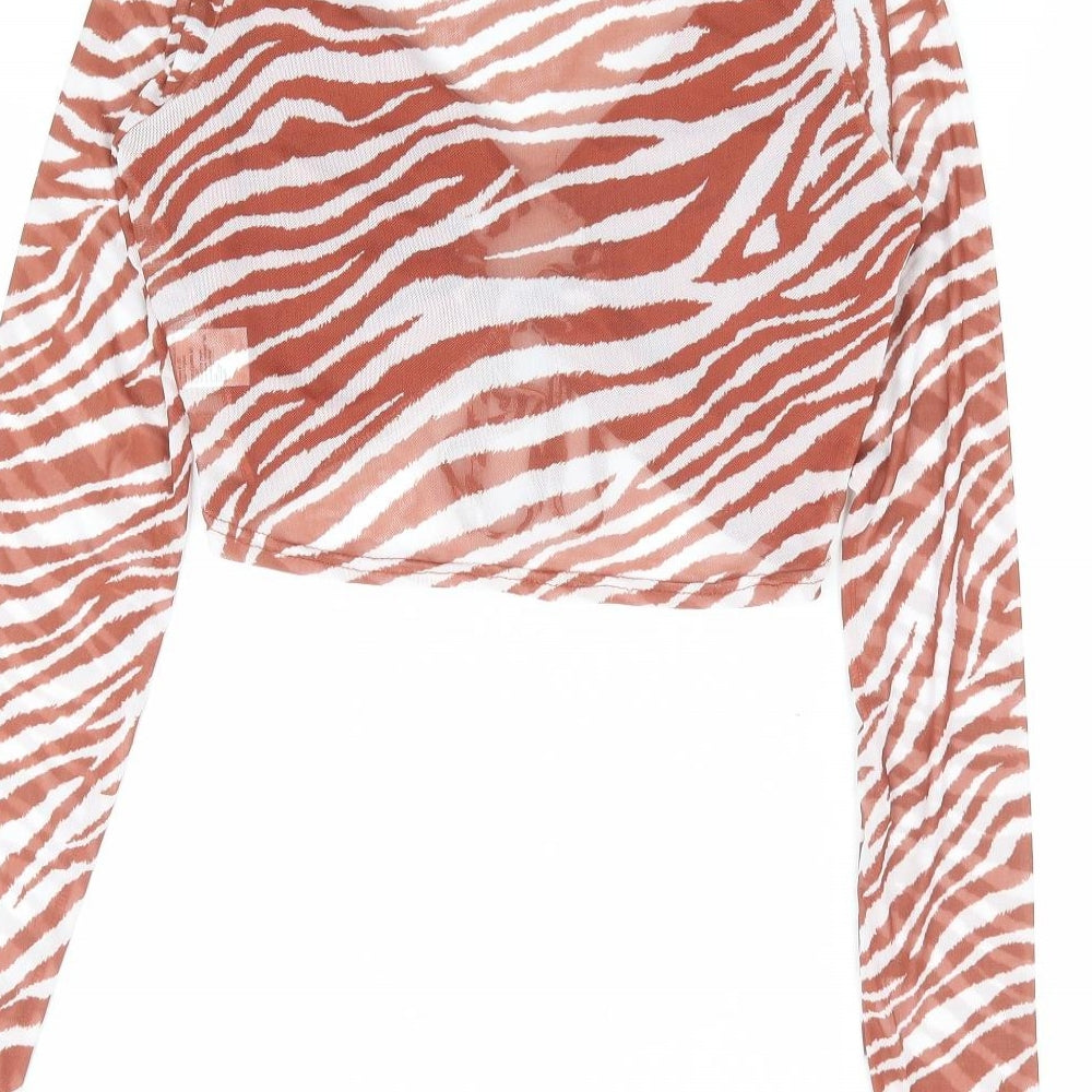 Pink Vanilla Womens Brown Animal Print Polyester Cropped T-Shirt Size 8 V-Neck - Tiger Print Cut Out