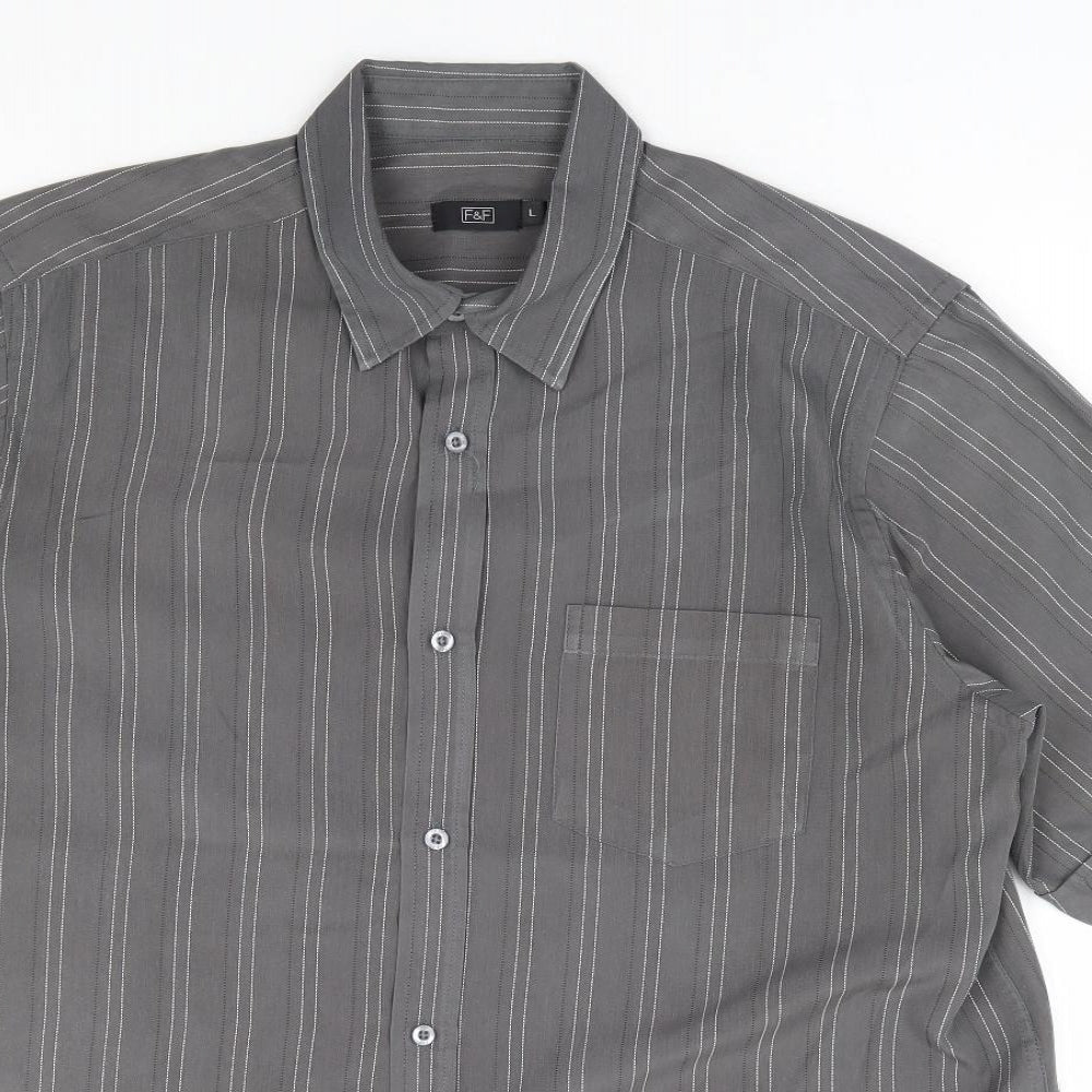 F&F Mens Grey Striped Polyester Button-Up Size L Collared Button