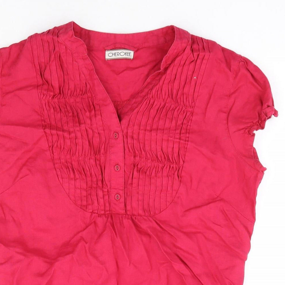 Cherokee Womens Pink Linen Basic Blouse Size 16 V-Neck