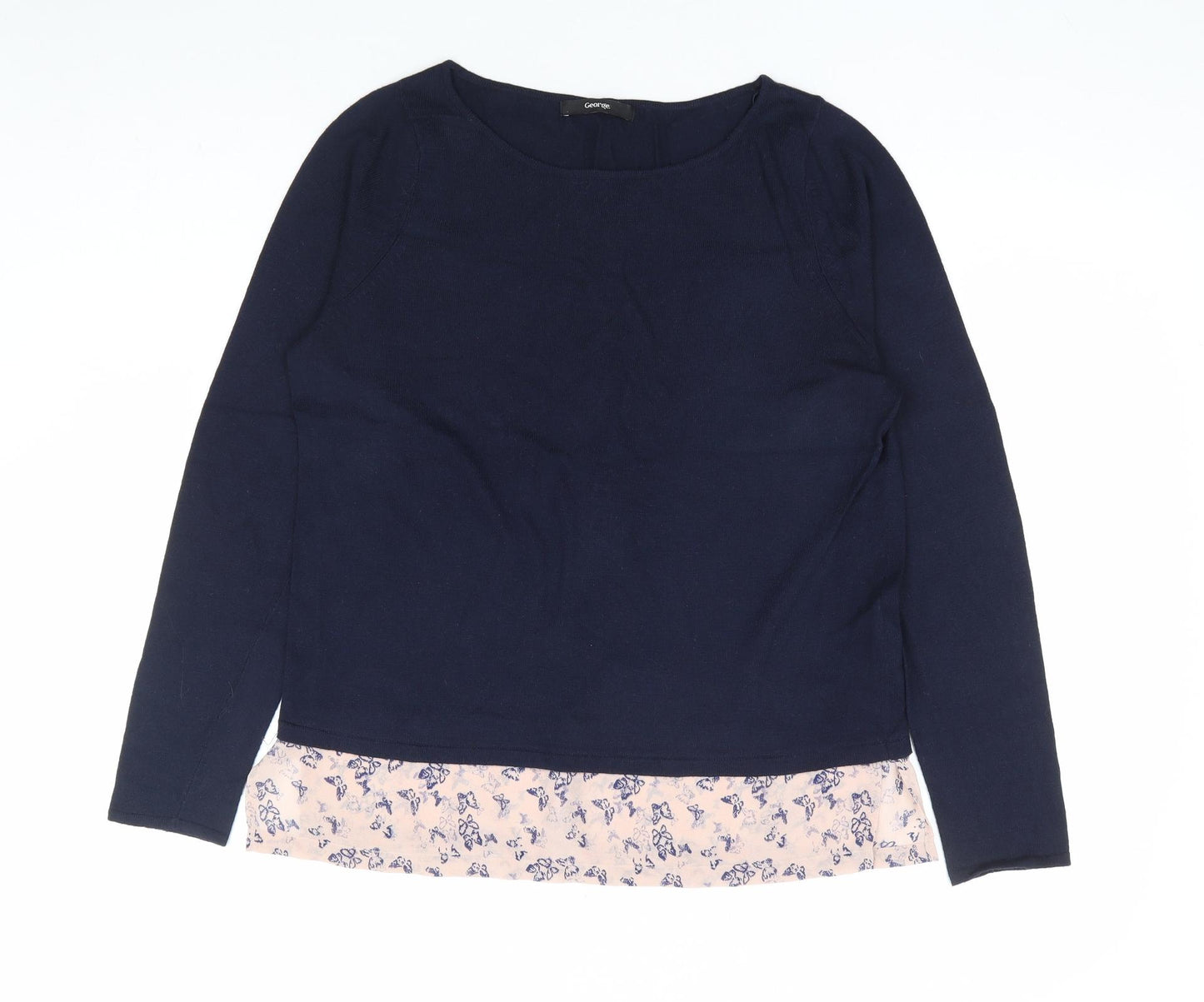 George Womens Blue Nylon Jersey Blouse Size 10 Round Neck - Butterfly