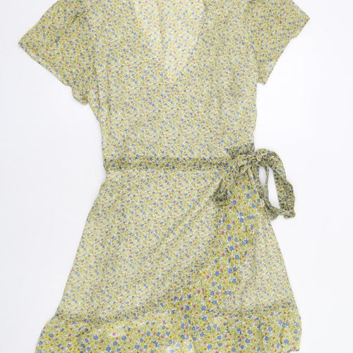 Jack Wills Womens Yellow Floral Viscose Wrap Dress Size 12 V-Neck Tie
