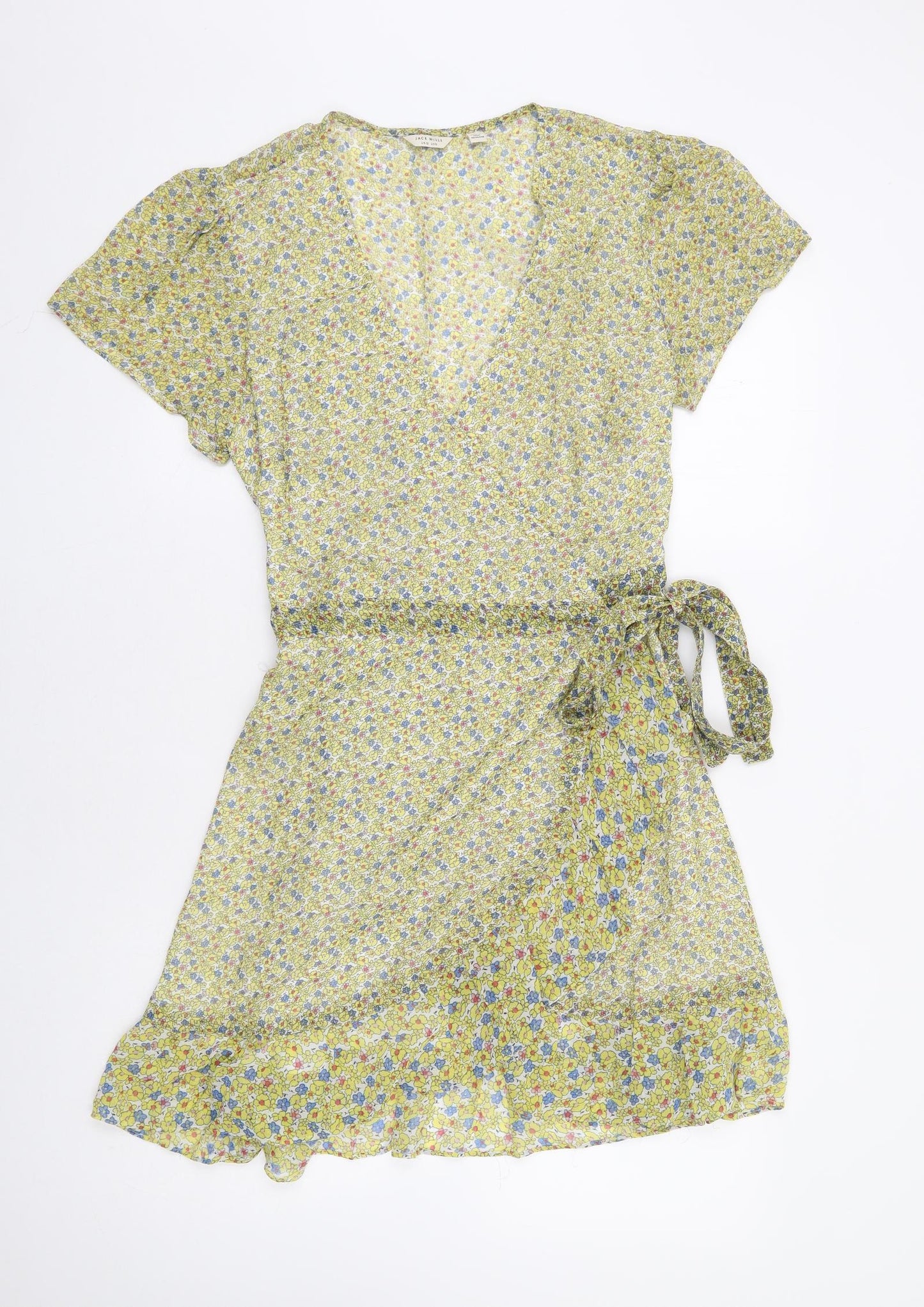 Jack Wills Womens Yellow Floral Viscose Wrap Dress Size 12 V-Neck Tie