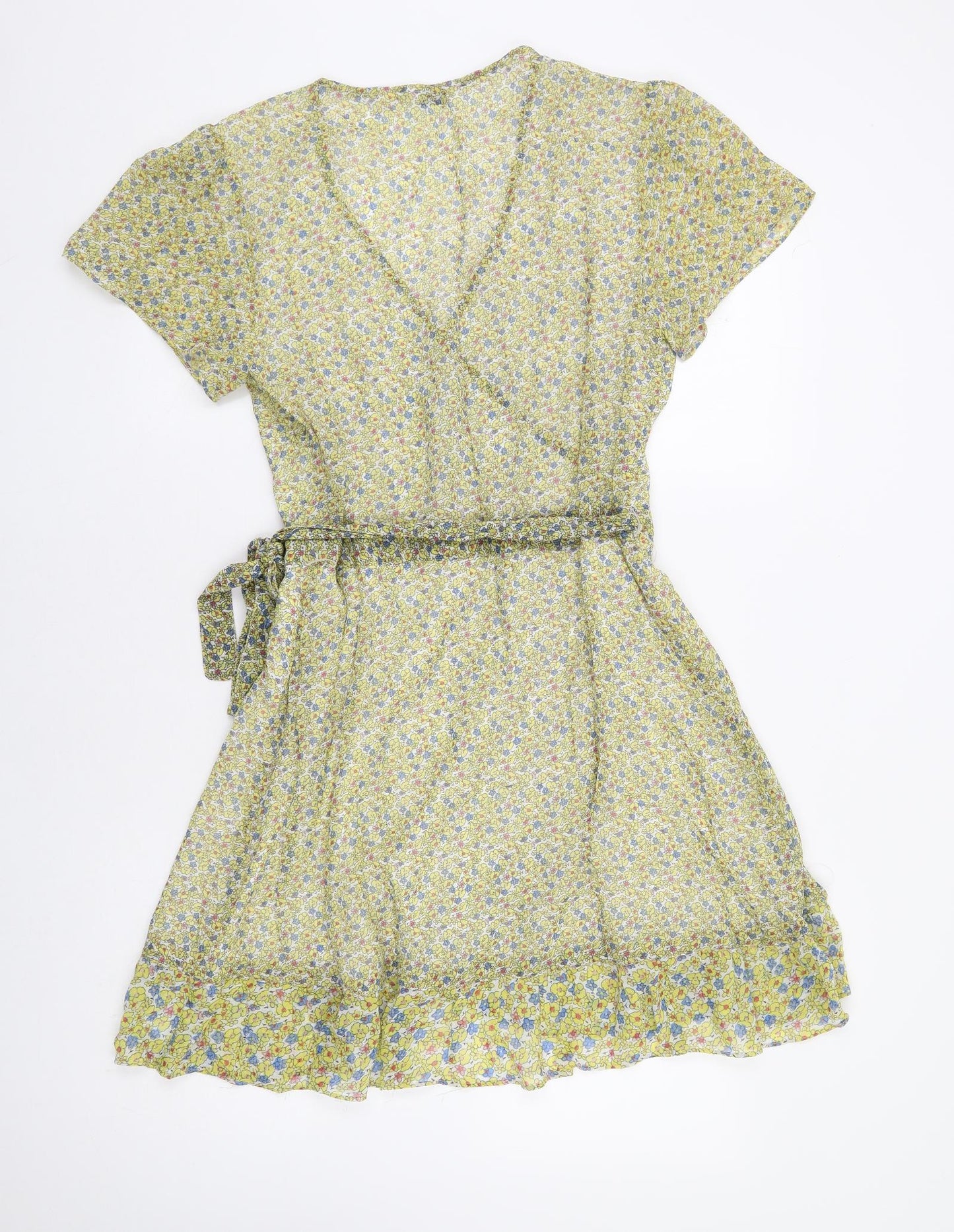 Jack Wills Womens Yellow Floral Viscose Wrap Dress Size 12 V-Neck Tie