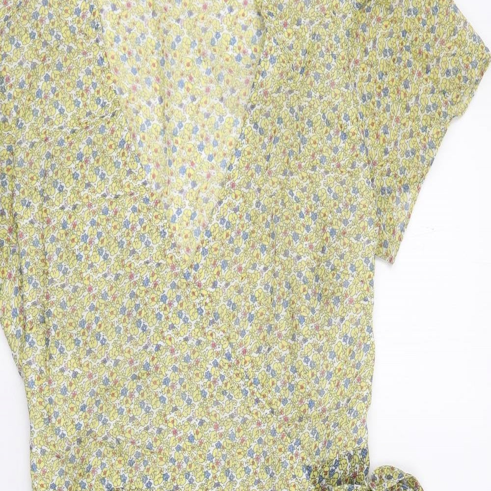 Jack Wills Womens Yellow Floral Viscose Wrap Dress Size 12 V-Neck Tie