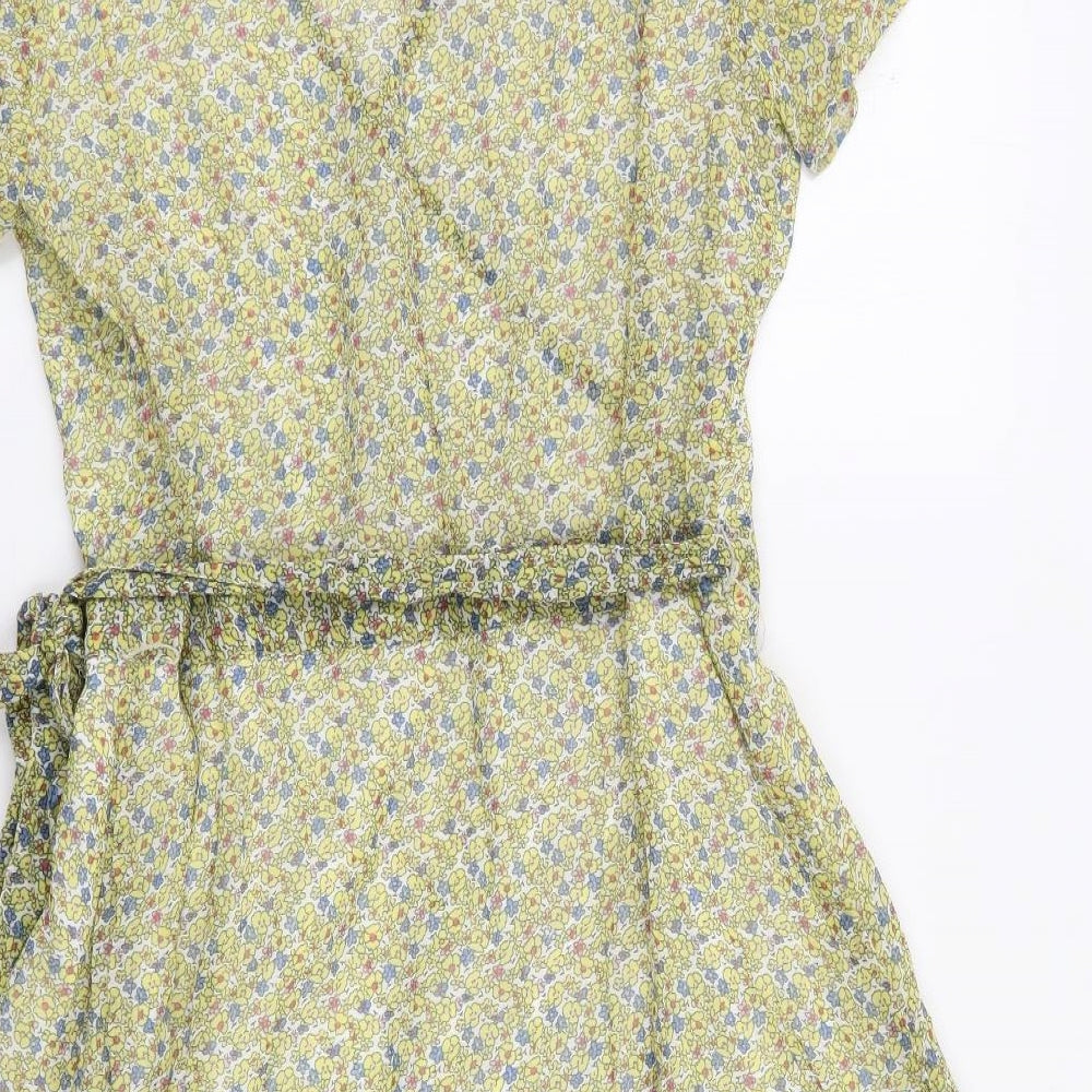 Jack Wills Womens Yellow Floral Viscose Wrap Dress Size 12 V-Neck Tie