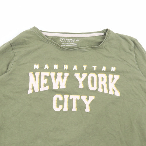 Primark Girls Green Cotton Basic T-Shirt Size 11-12 Years Round Neck Pullover - New York City