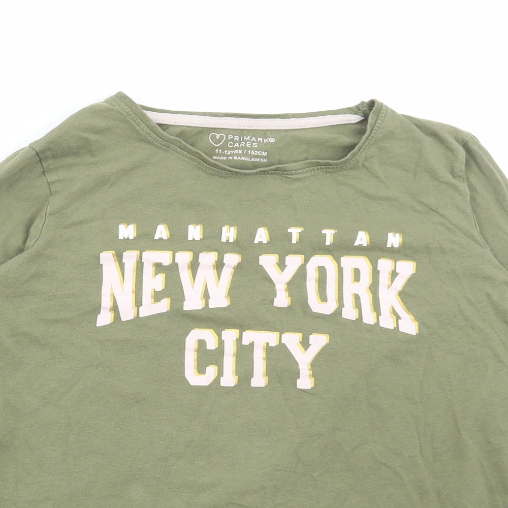 Primark Girls Green Cotton Basic T-Shirt Size 11-12 Years Round Neck Pullover - New York City