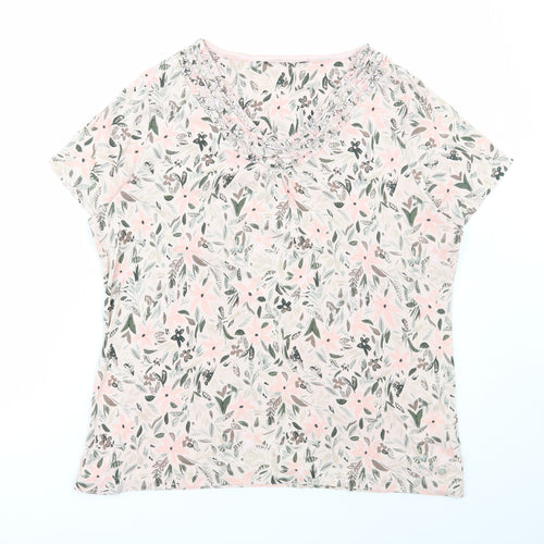 Preworn Womens Multicoloured Floral Polyester Basic T-Shirt Size L V-Neck