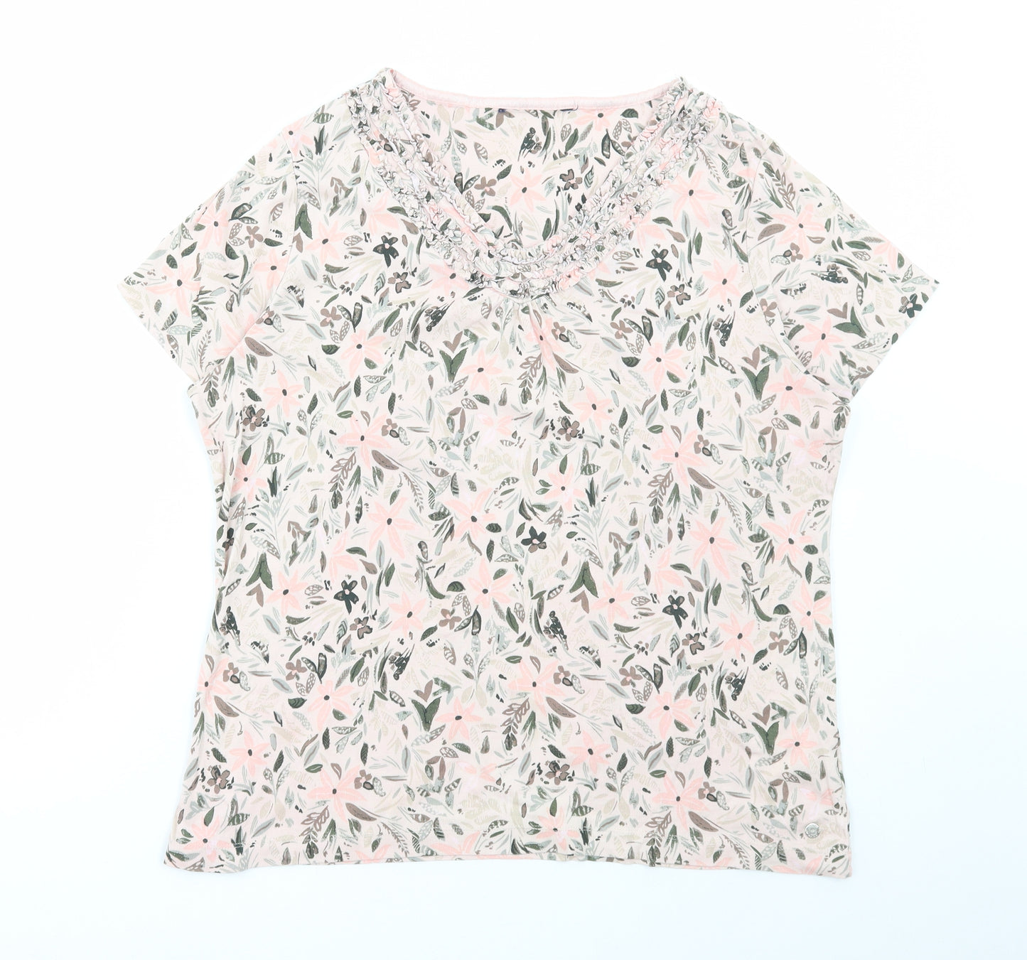 Preworn Womens Multicoloured Floral Polyester Basic T-Shirt Size L V-Neck
