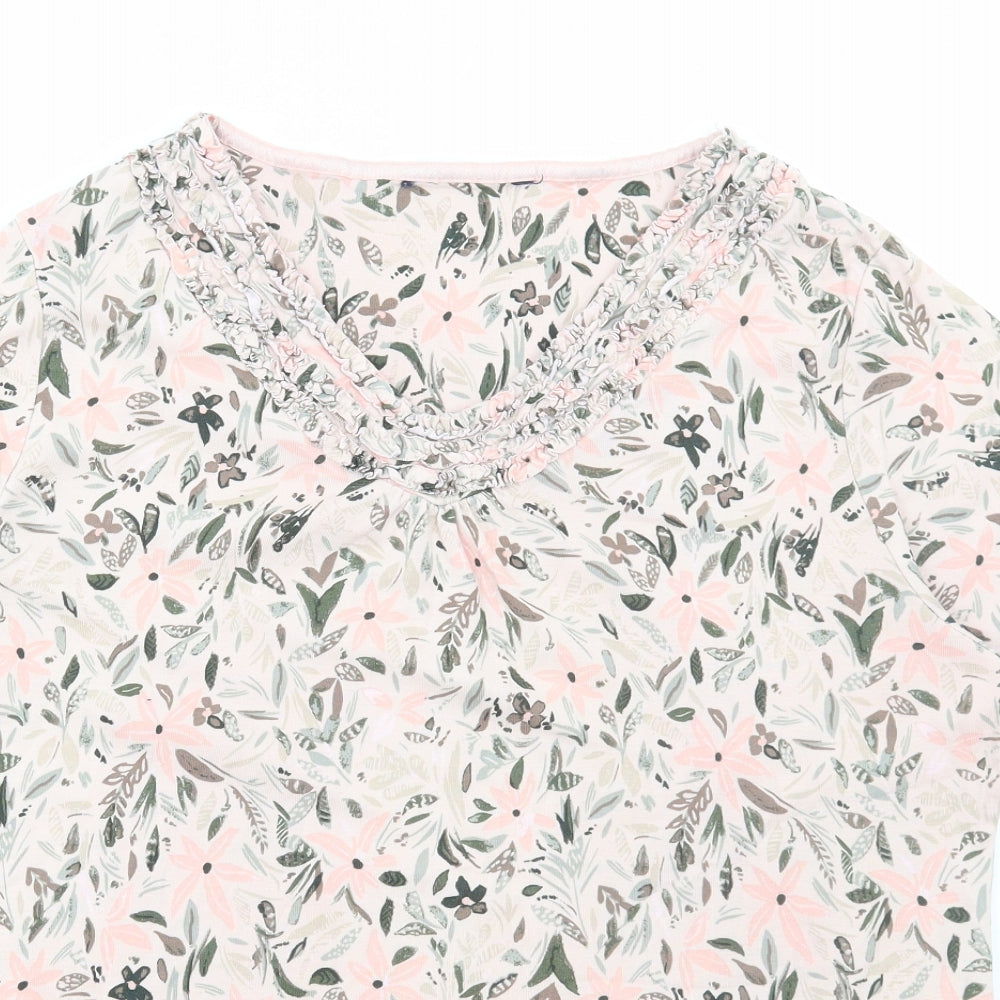 Preworn Womens Multicoloured Floral Polyester Basic T-Shirt Size L V-Neck