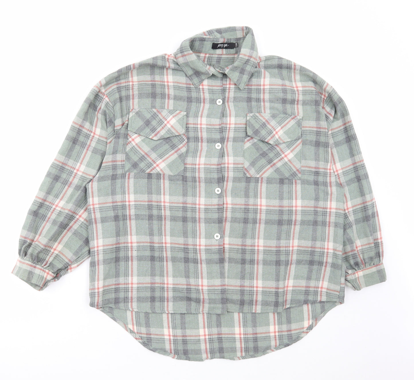 Nasty Gal Womens Green Plaid Cotton Basic Button-Up Size S Collared