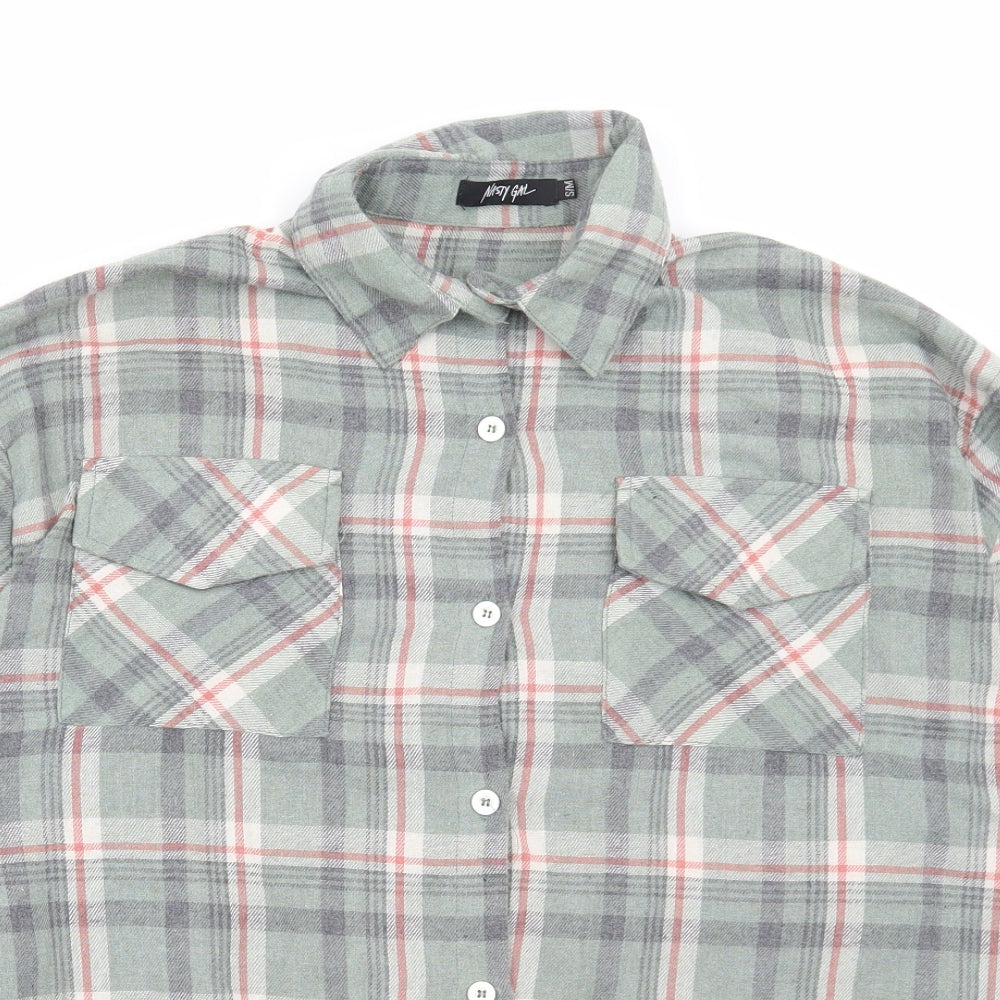 Nasty Gal Womens Green Plaid Cotton Basic Button-Up Size S Collared