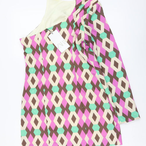Zara Womens Multicoloured Geometric Polyester Mini Size S Round Neck Zip