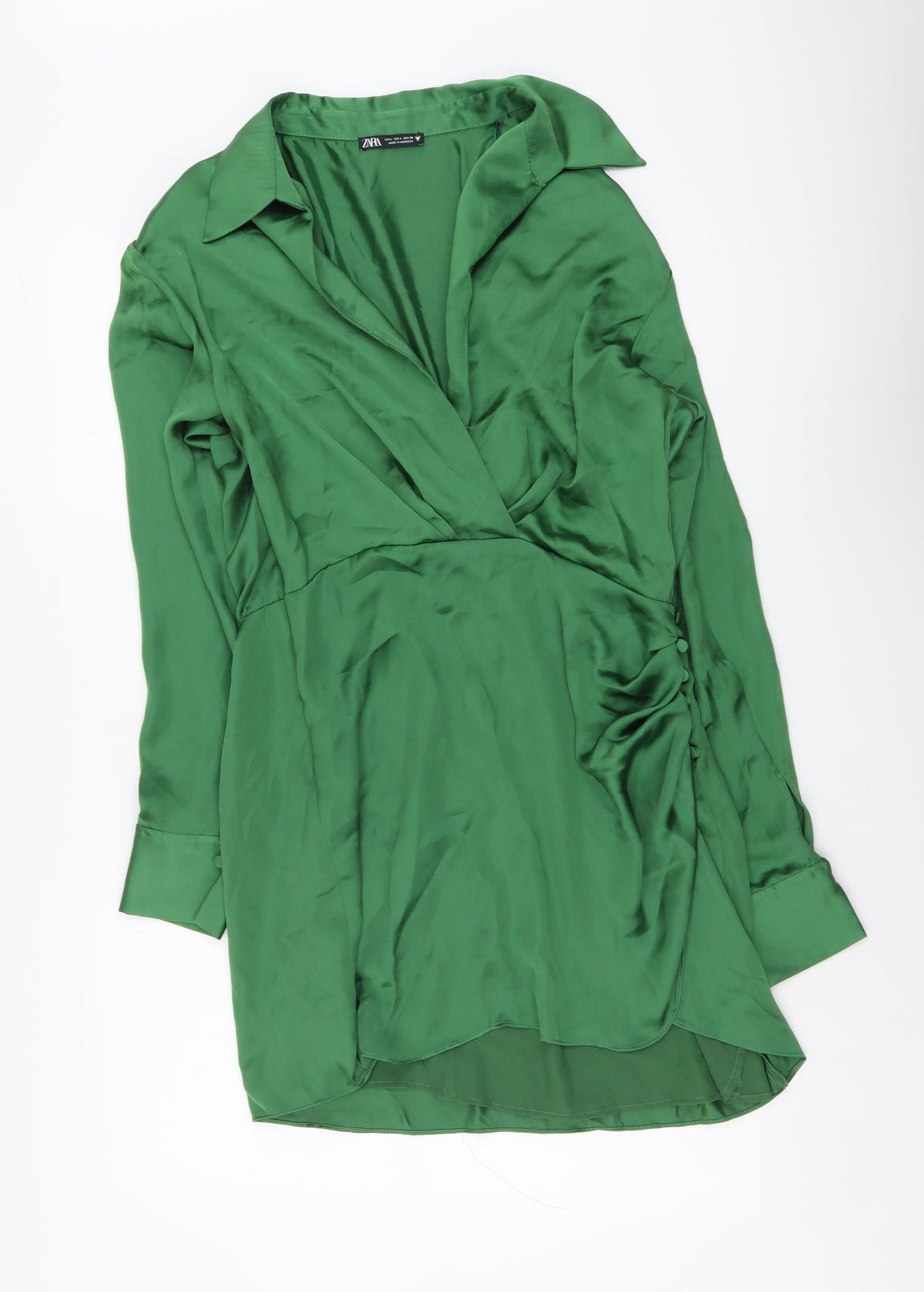 Zara Womens Green Polyester Shirt Dress Size L Collared Zip