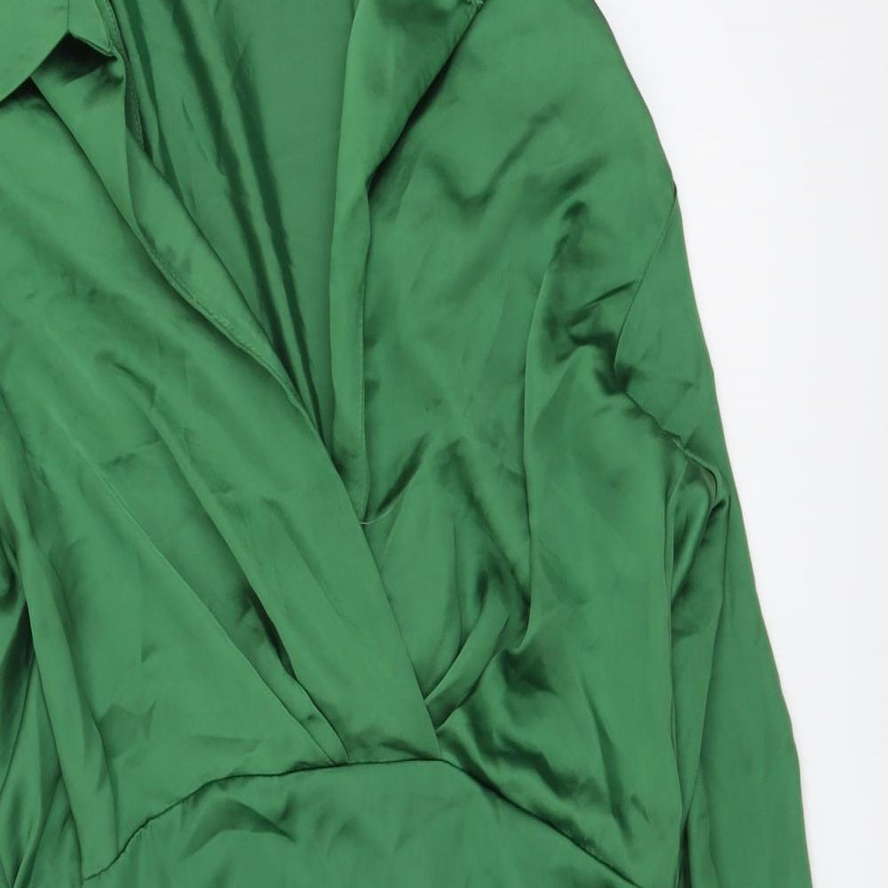 Zara Womens Green Polyester Shirt Dress Size L Collared Zip