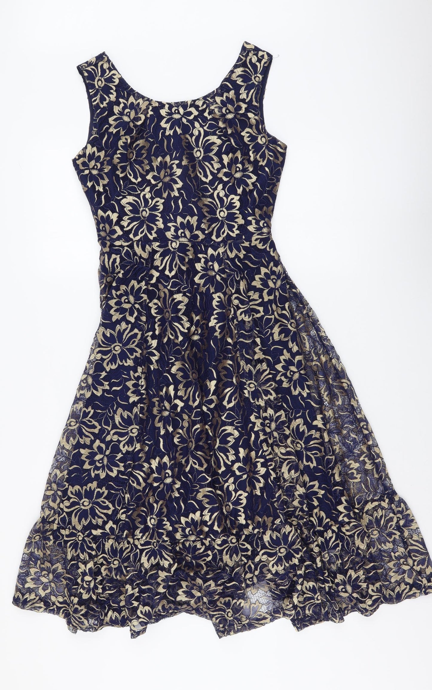 Jolie Moi Womens Blue Floral Cotton Skater Dress Size 8 Round Neck Zip