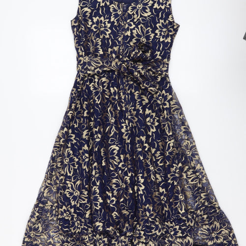 Jolie Moi Womens Blue Floral Cotton Skater Dress Size 8 Round Neck Zip
