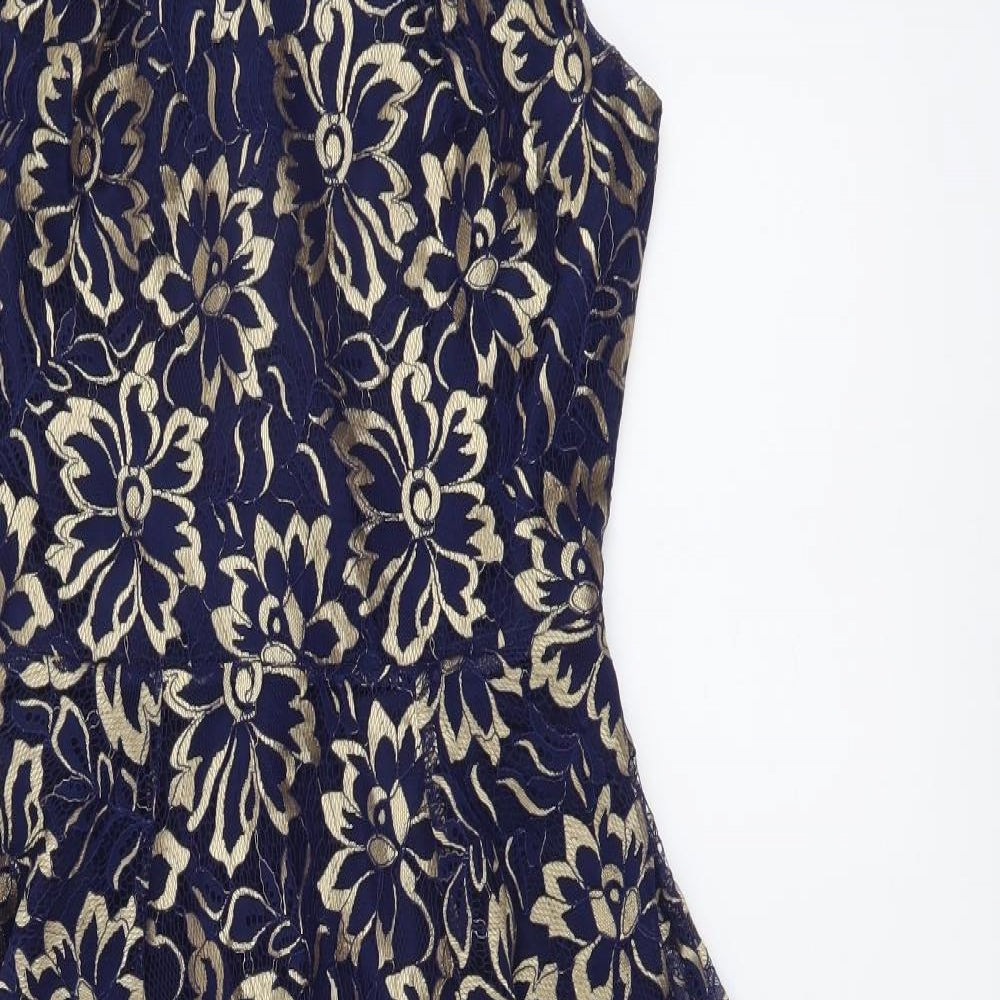 Jolie Moi Womens Blue Floral Cotton Skater Dress Size 8 Round Neck Zip