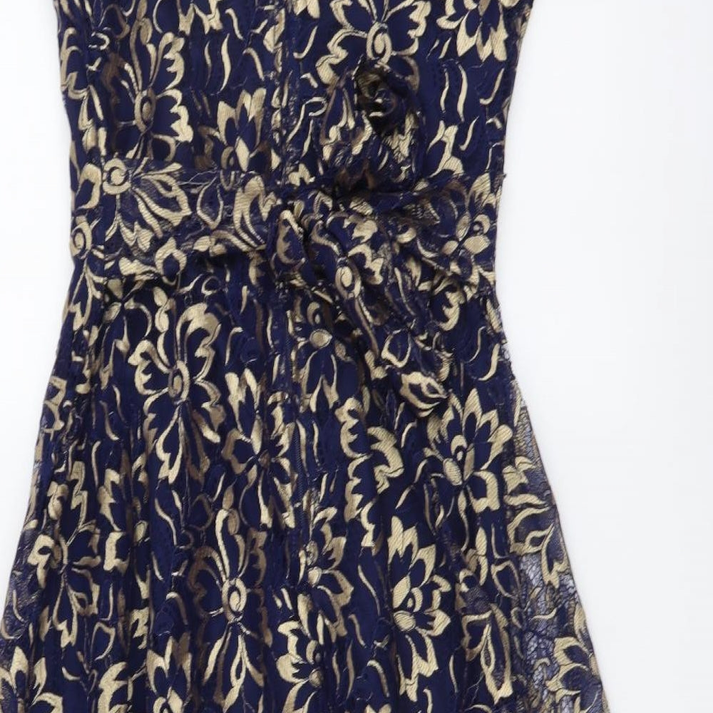 Jolie Moi Womens Blue Floral Cotton Skater Dress Size 8 Round Neck Zip