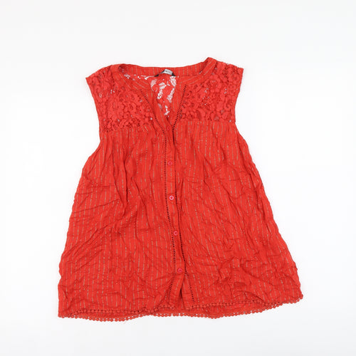 Roman Womens Red Striped Viscose Basic Button-Up Size 12 V-Neck - Lace Detail