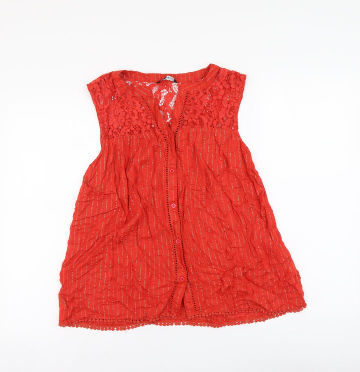 Roman Womens Red Striped Viscose Basic Button-Up Size 12 V-Neck - Lace Detail