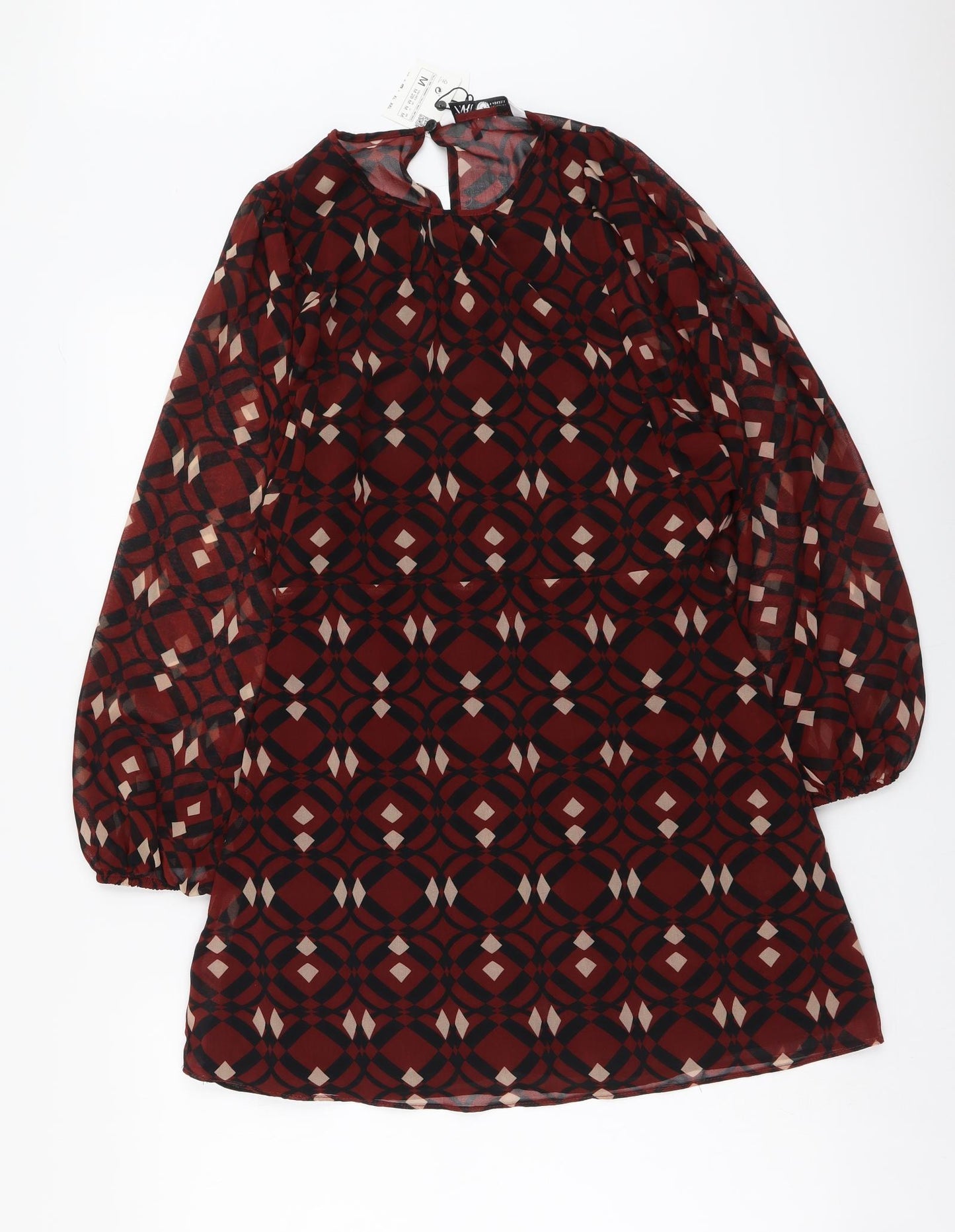 Zara Womens Red Geometric Polyester A-Line Size M Round Neck Zip