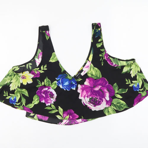 FOREVER 21 Womens Black Floral Polyester Cropped Blouse Size L Round Neck