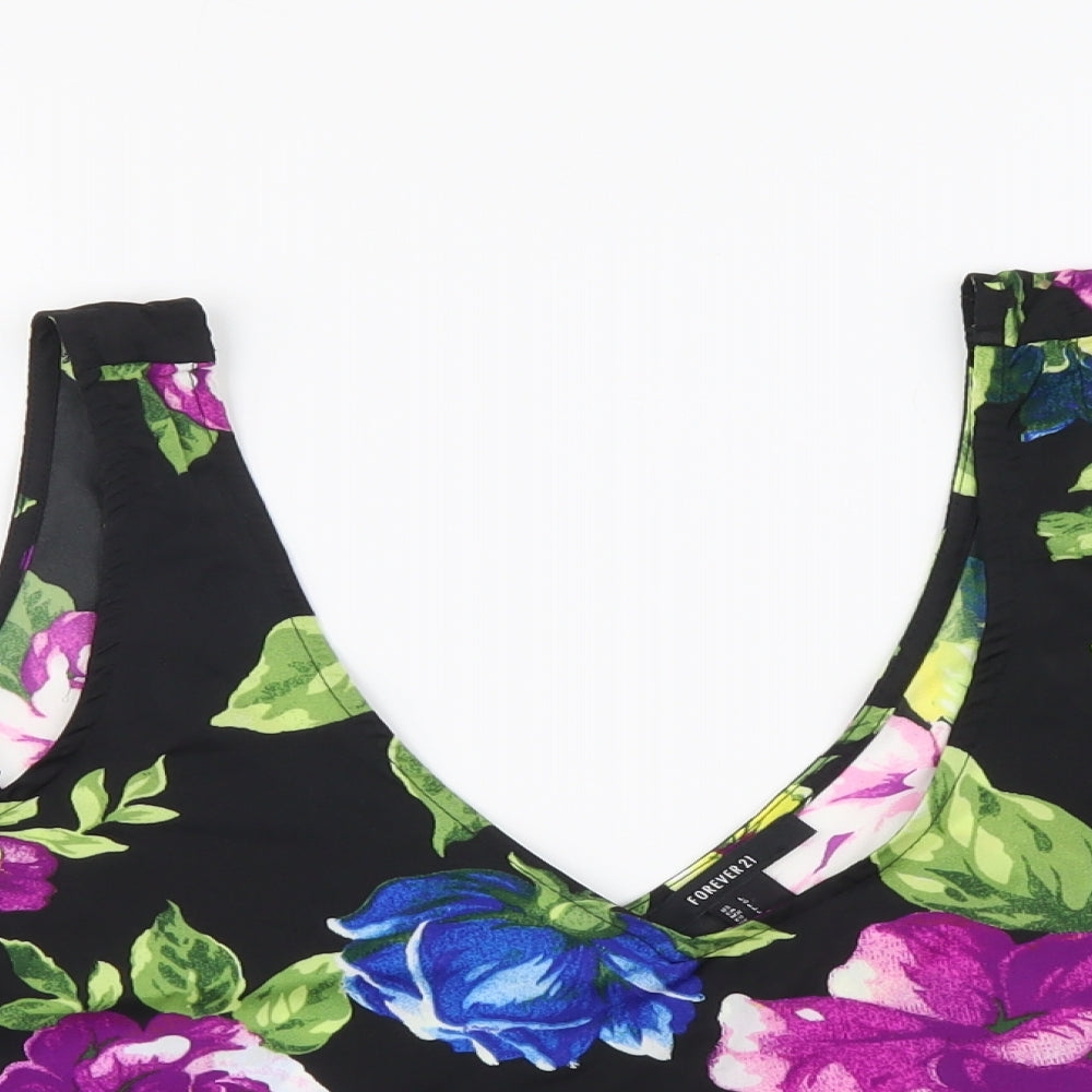 FOREVER 21 Womens Black Floral Polyester Cropped Blouse Size L Round Neck