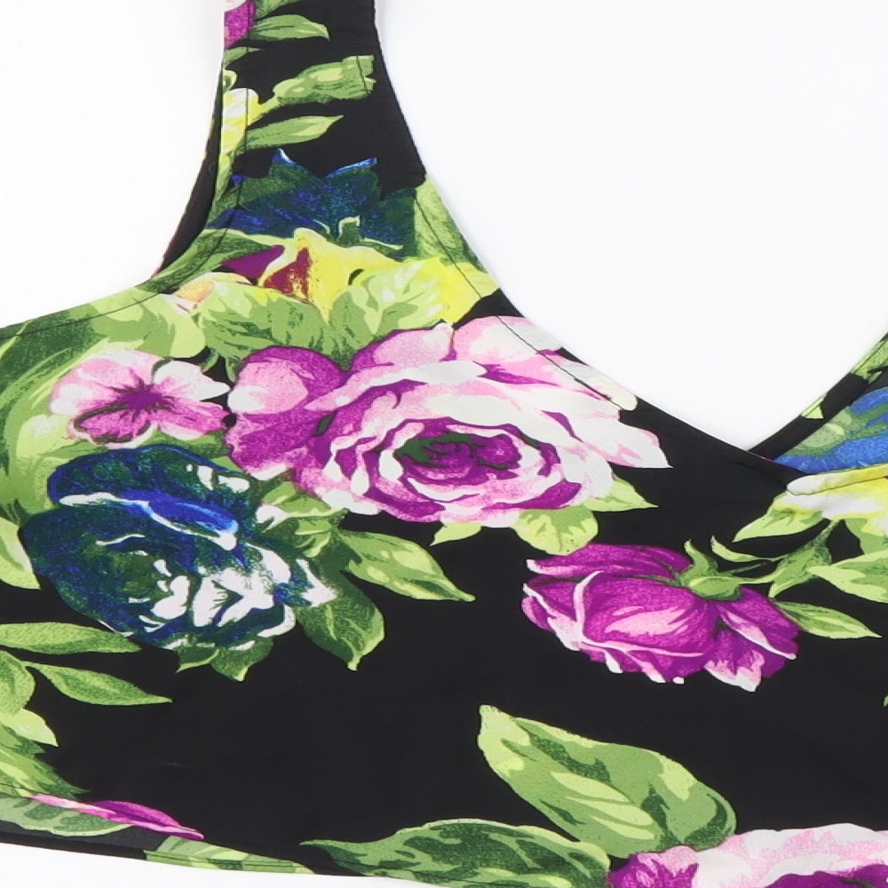 FOREVER 21 Womens Black Floral Polyester Cropped Blouse Size L Round Neck