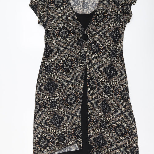 Eonnected Womens Brown Geometric Polyester A-Line Size L V-Neck Pullover
