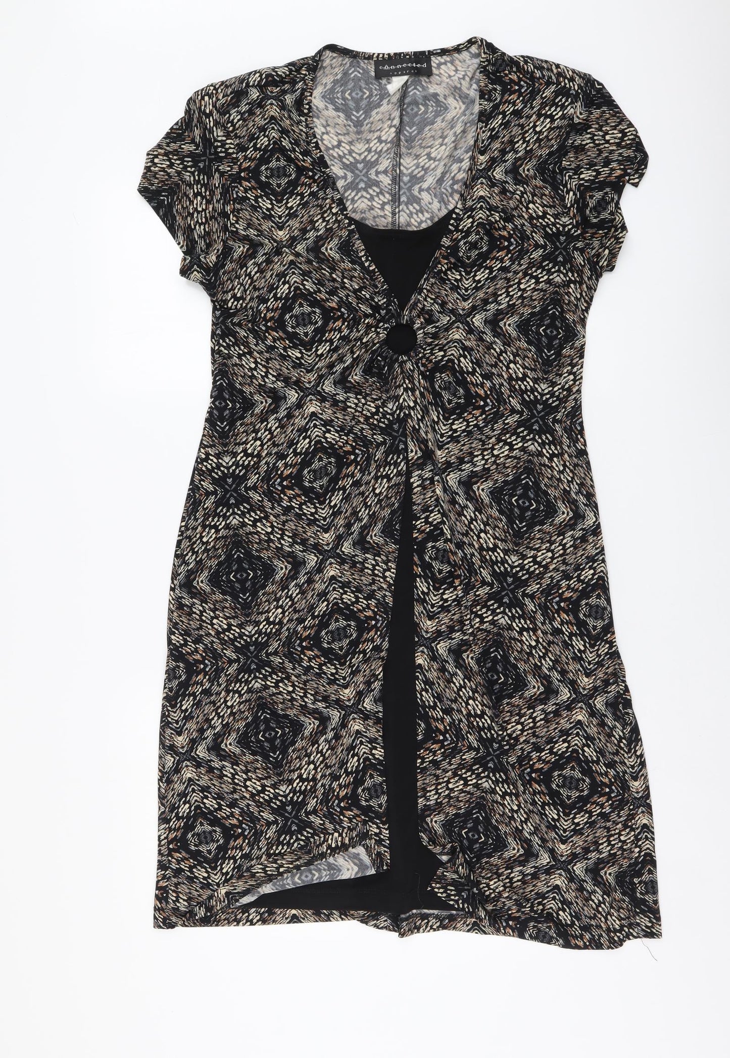 Eonnected Womens Brown Geometric Polyester A-Line Size L V-Neck Pullover