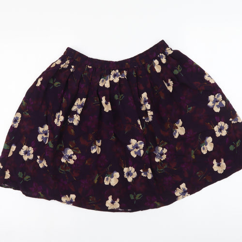 Positive Attitude Womens Purple Floral Polyester Skater Skirt Size S Drawstring