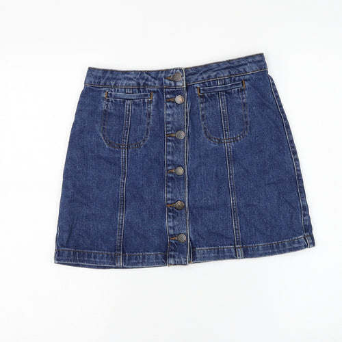 Topshop Womens Blue Cotton A-Line Skirt Size 8 Button