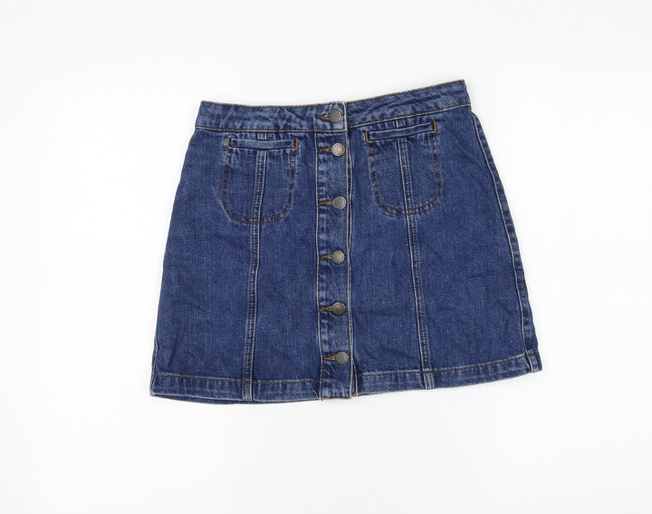 Topshop Womens Blue Cotton A-Line Skirt Size 8 Button