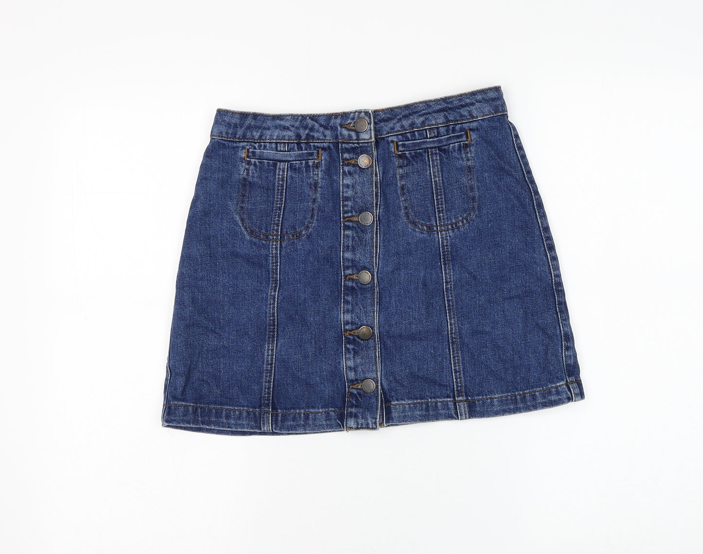 Topshop Womens Blue Cotton A-Line Skirt Size 8 Button