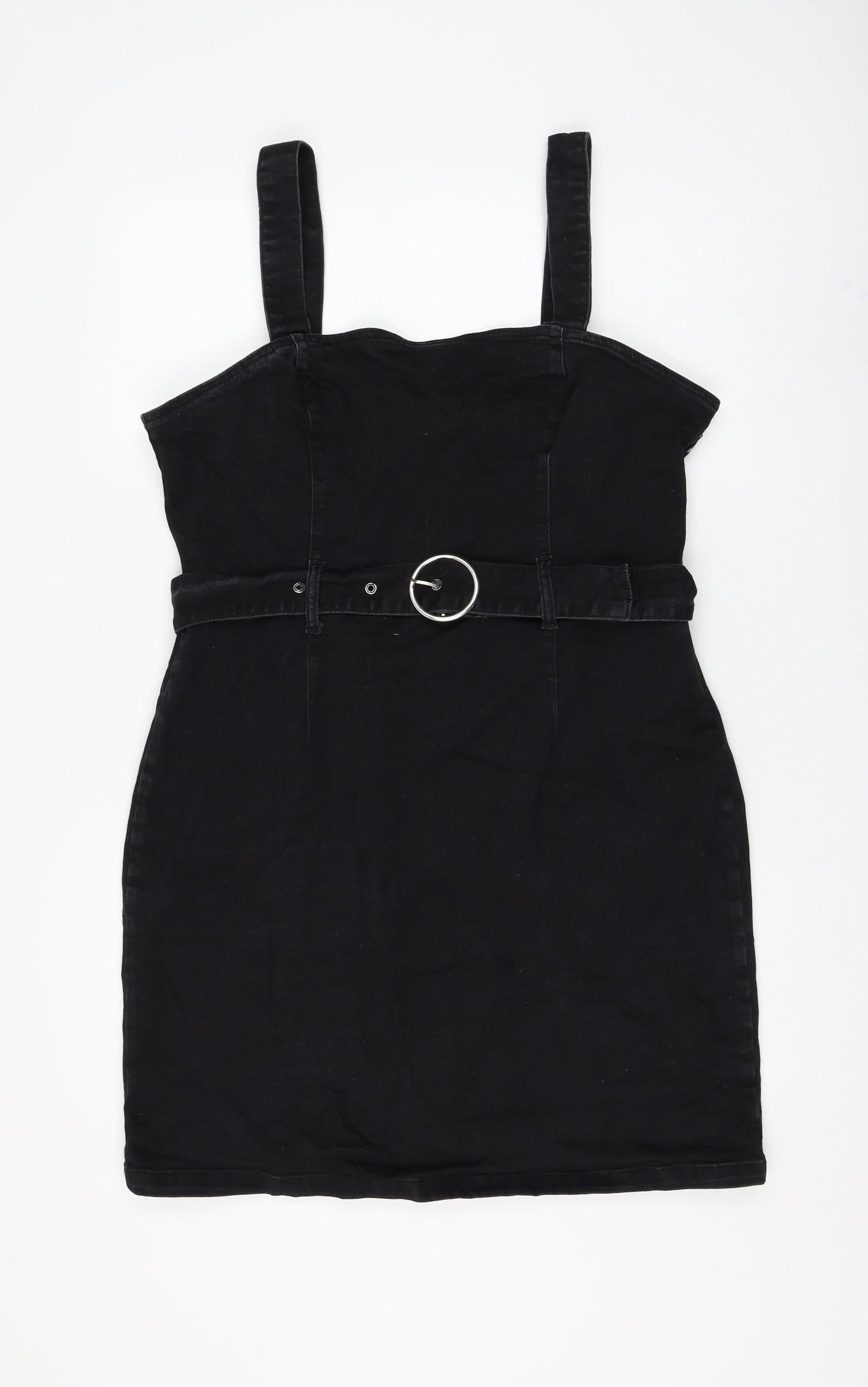 Primark Womens Black Cotton Pinafore/Dungaree Dress Size 18 Square Neck Pullover