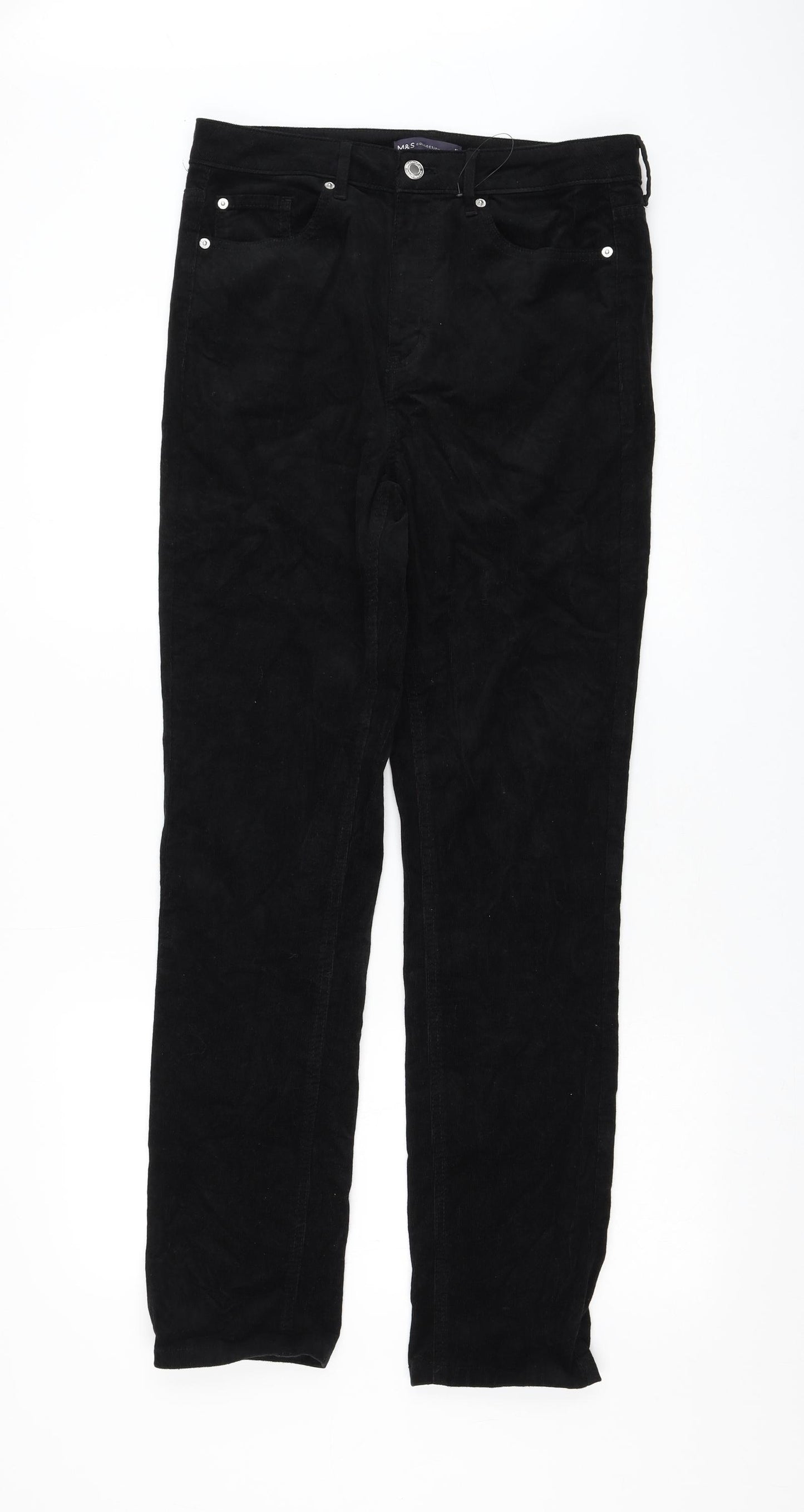 Marks and Spencer Womens Black Cotton Trousers Size 12 L30 in Regular Zip