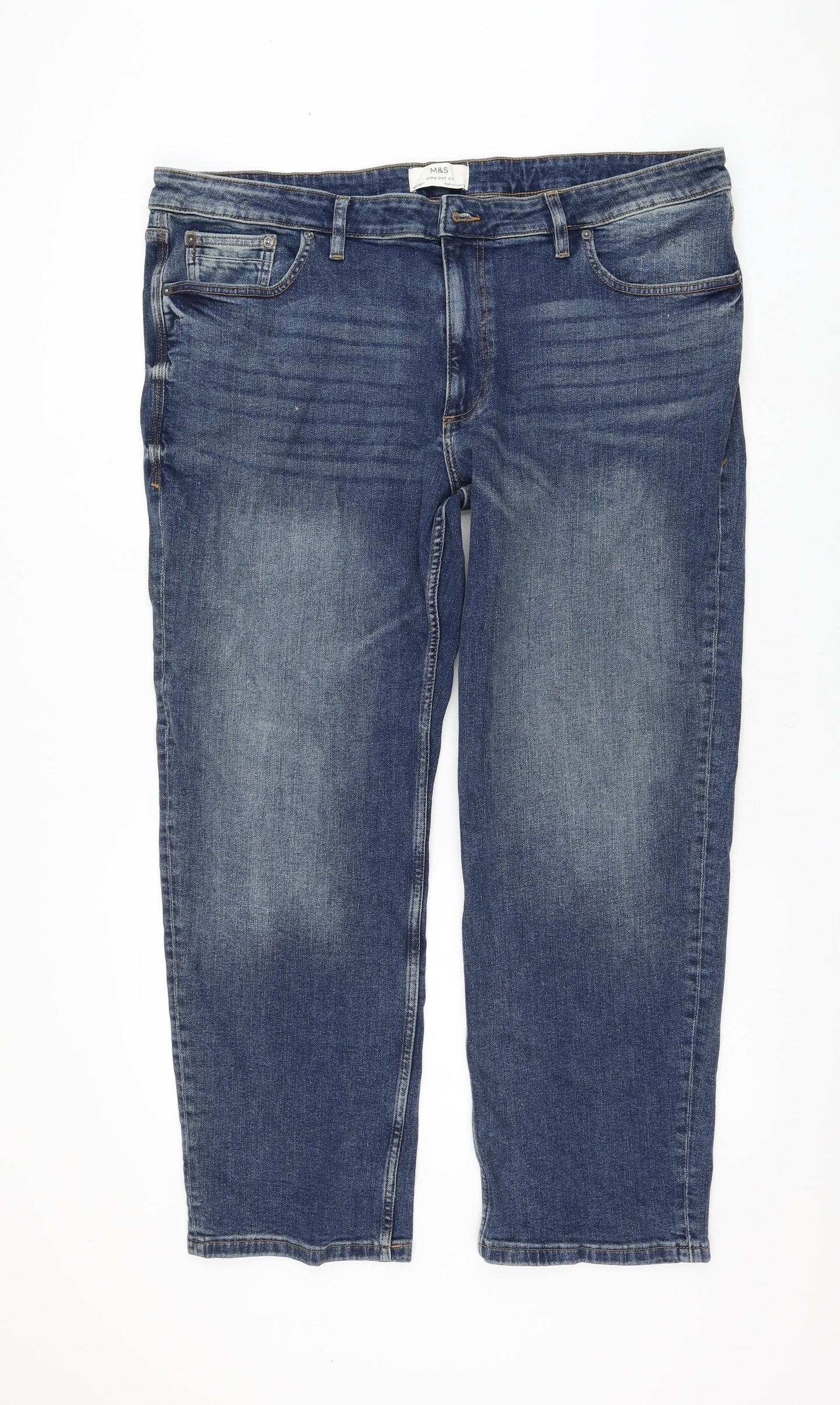 Marks and Spencer Mens Blue Cotton Straight Jeans Size 42 in L31 in Regular Zip