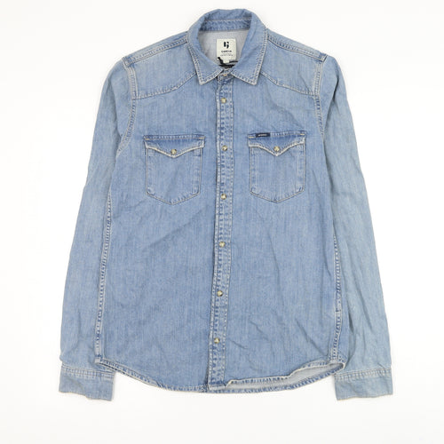 Garcia Mens Blue Cotton Button-Up Size S Collared Button