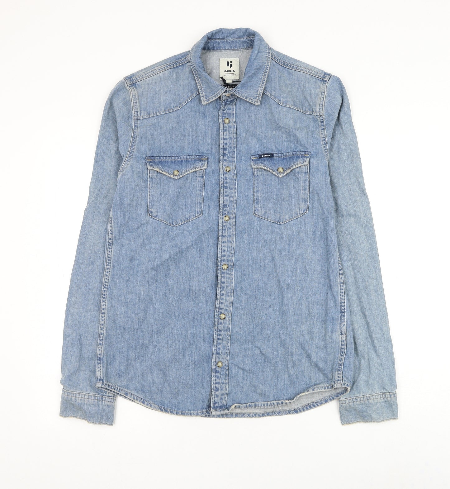 Garcia Mens Blue Cotton Button-Up Size S Collared Button