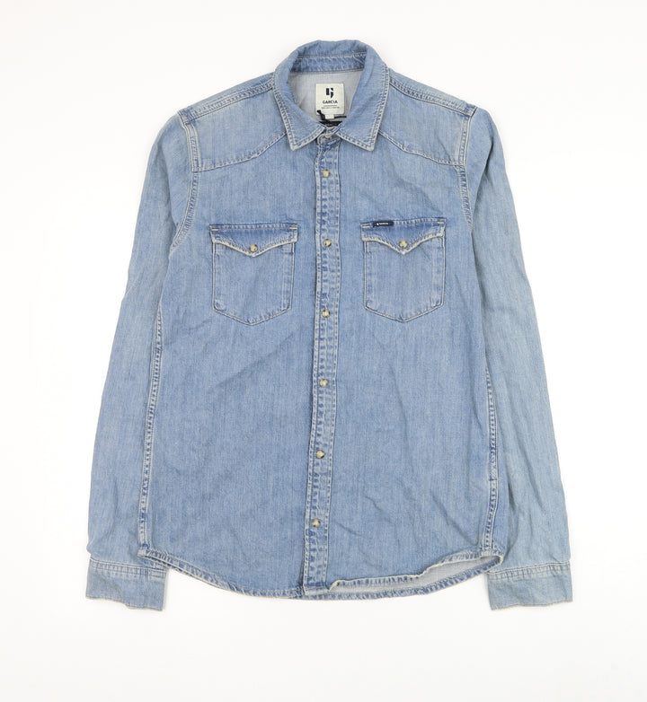 Garcia Mens Blue Cotton Button-Up Size S Collared Button