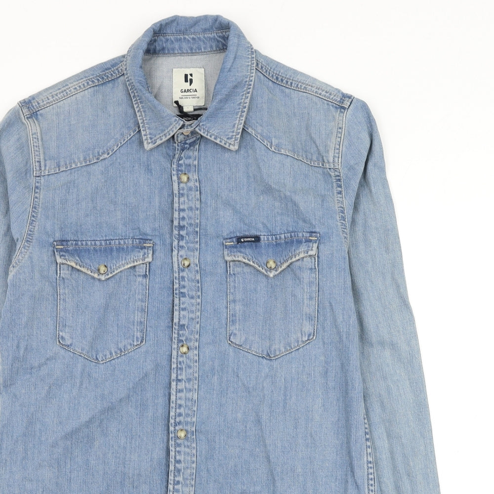 Garcia Mens Blue Cotton Button-Up Size S Collared Button