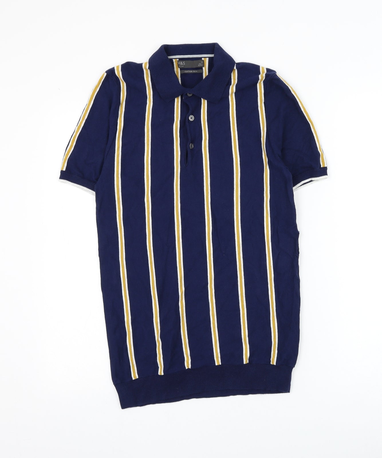 Marks and Spencer Mens Blue Striped Cotton Polo Size XS Collared Button