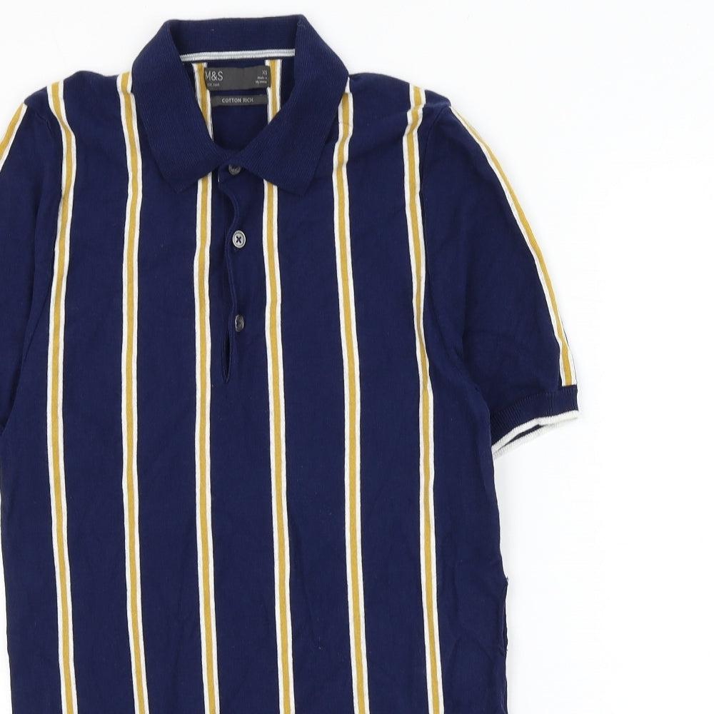 Marks and Spencer Mens Blue Striped Cotton Polo Size XS Collared Button