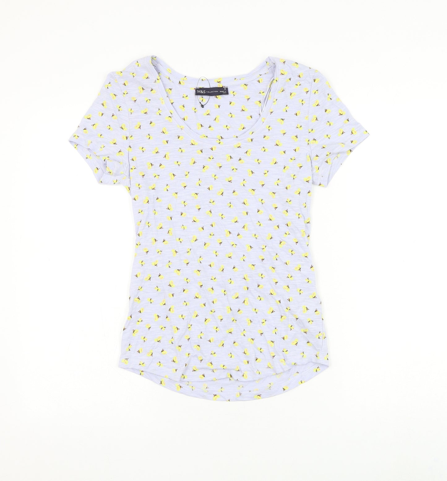 Marks and Spencer Womens Blue Geometric Cotton Basic T-Shirt Size 8 Scoop Neck - Butterfly