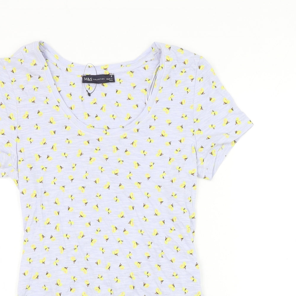 Marks and Spencer Womens Blue Geometric Cotton Basic T-Shirt Size 8 Scoop Neck - Butterfly