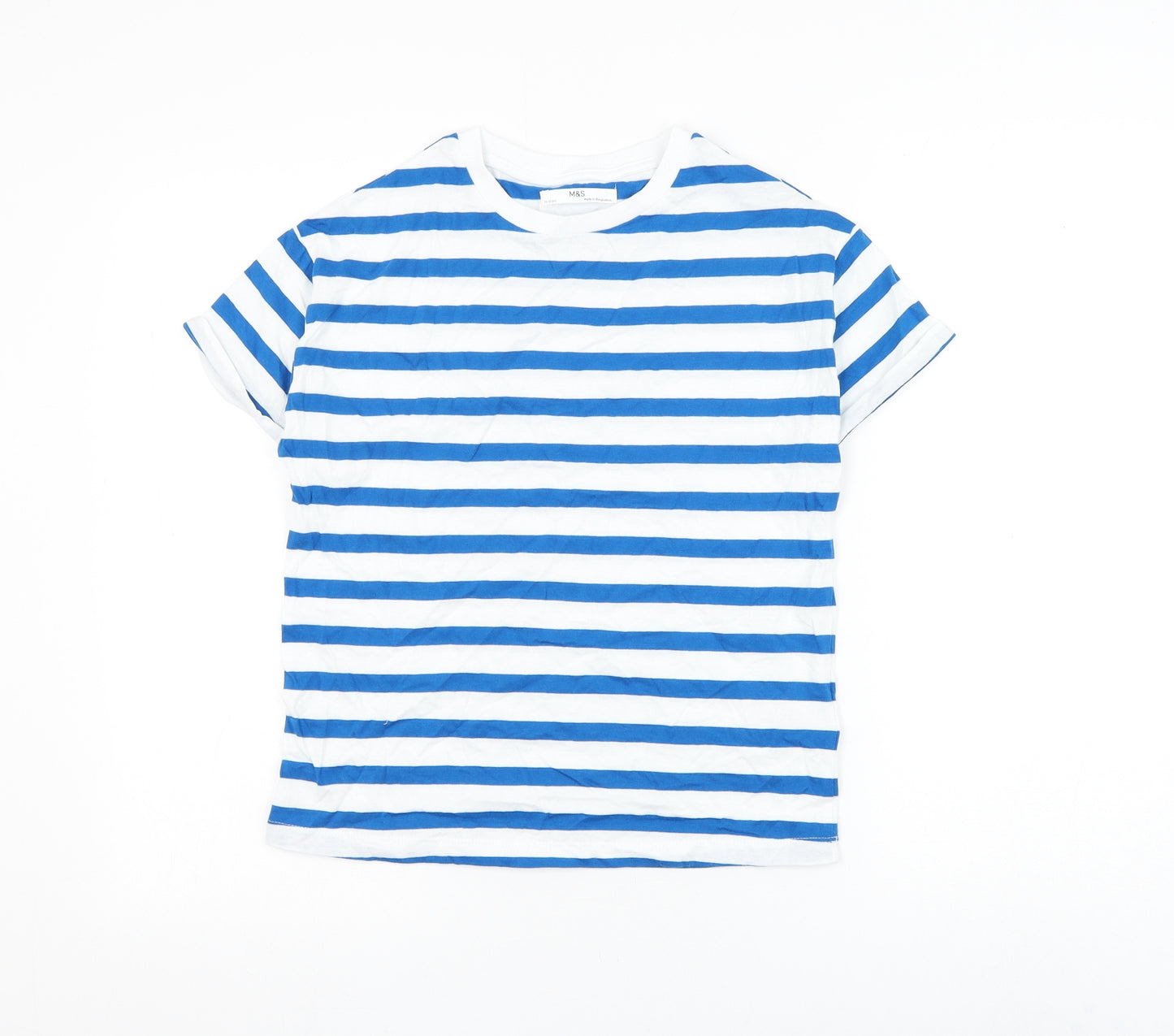 Marks and Spencer Boys White Striped Cotton Basic T-Shirt Size 11-12 Years Round Neck Pullover