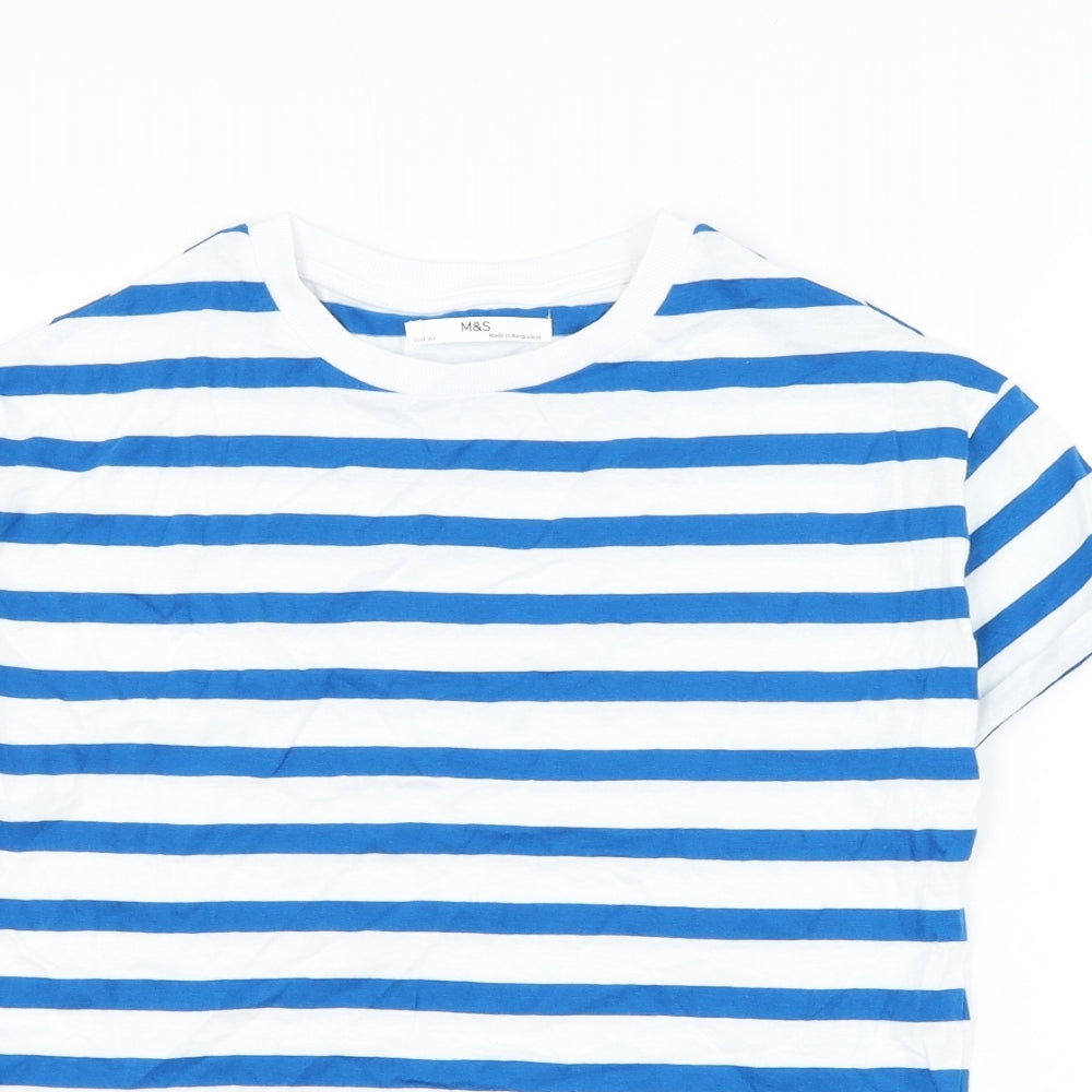 Marks and Spencer Boys White Striped Cotton Basic T-Shirt Size 11-12 Years Round Neck Pullover