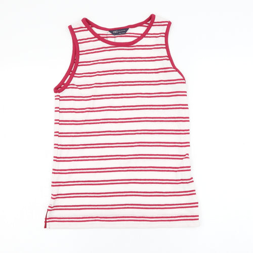 Marks and Spencer Womens White Striped Cotton Basic Tank Size 6 Round Neck